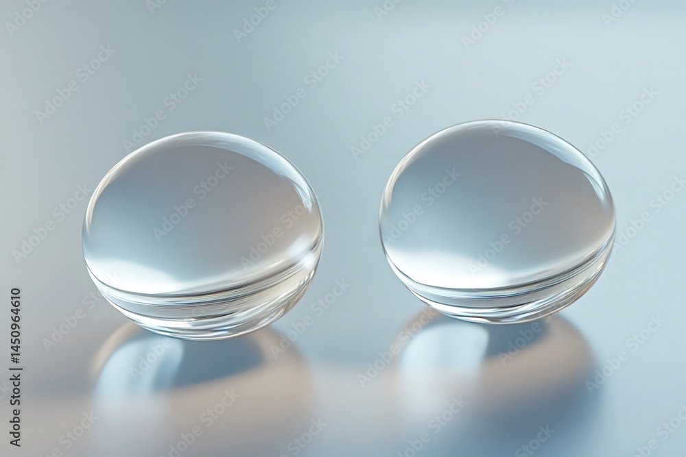 Poster two perfect glass spheres are standing on a smooth, reflective surface, creating a subtle and elegan