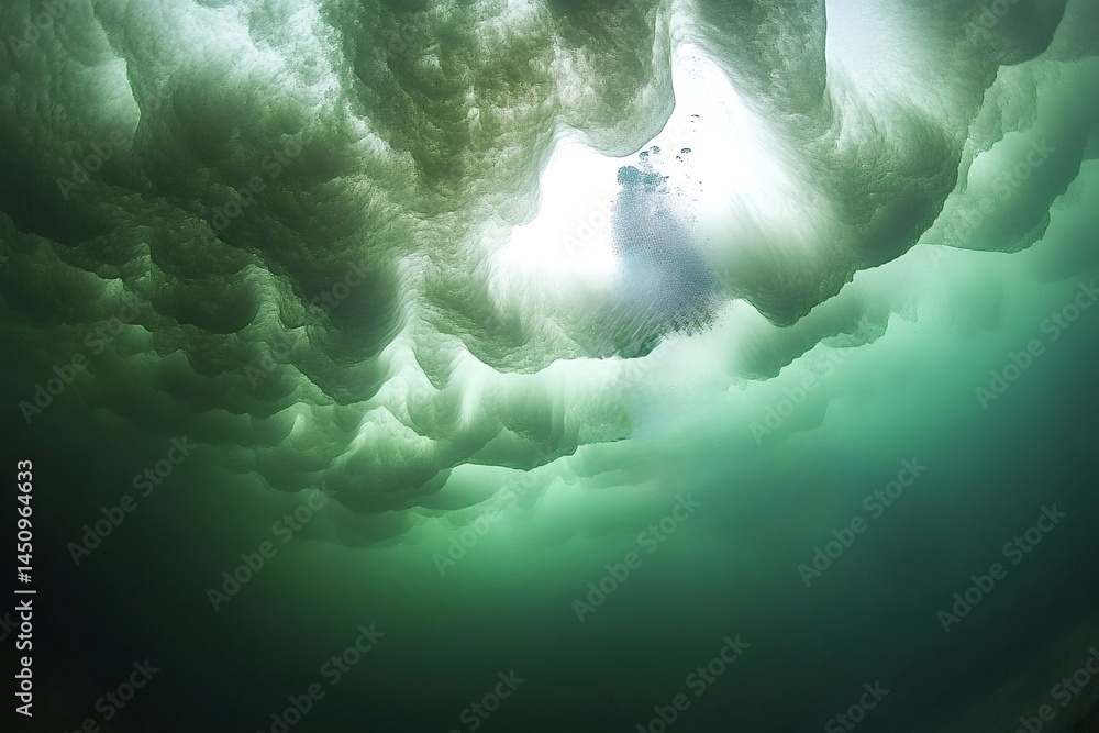 Poster underwater view of a melting ice sheet with air bubbles rising to the surface, creating a mesmerizin