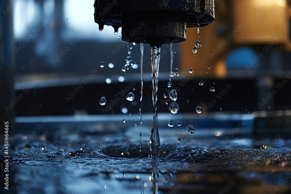 Aufkleber water dripping and splashing from a dark nozzle into a tank, creating ripples and droplets in a diml