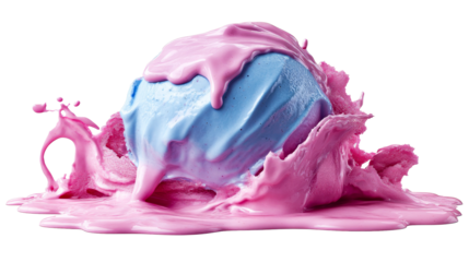 Blue sphere is being covered with glossy pink fluid, cut out transparent