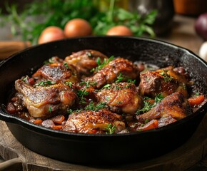 Fototapeta premium Coq Au Vin on a cast iron skillet on a wooden background
