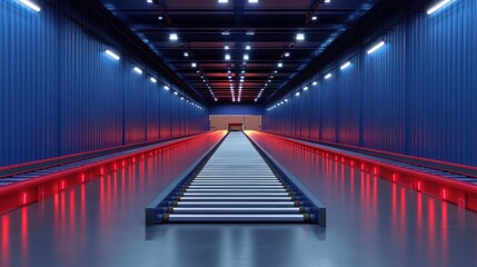 Empty roller conveyor in dark blue industrial warehouse