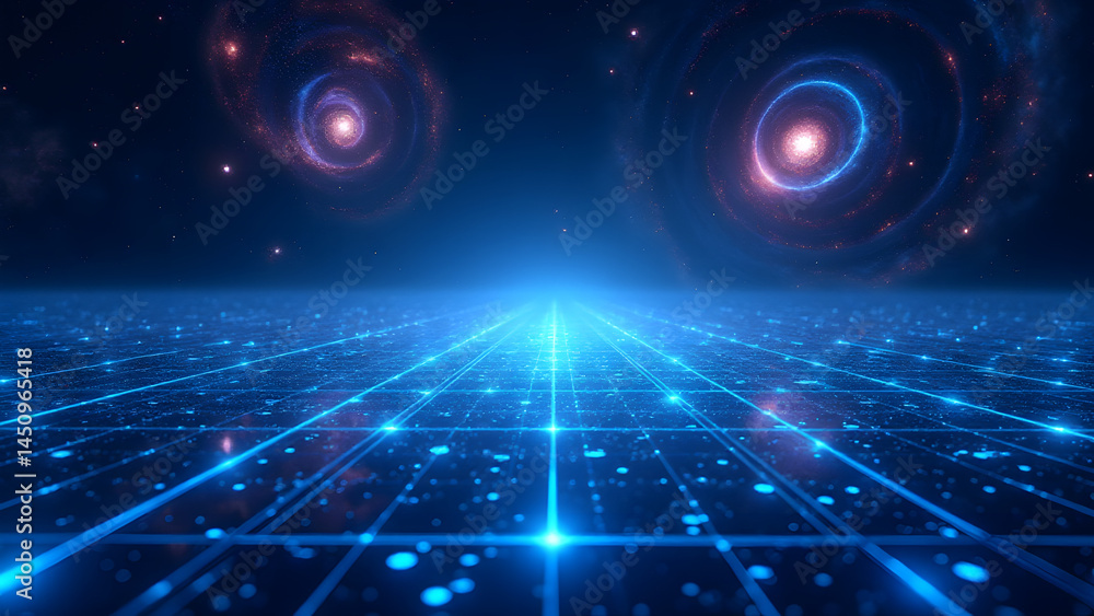 Poster cosmic digital background with galaxies, neon grid, and glowing particles. ideal for sci-fi and tech
