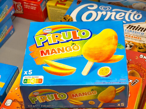 Pirulo mango ice pops box on store shelf with cornetto boxes in background