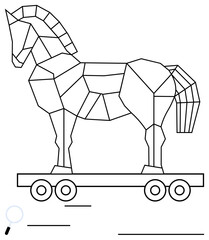 Abstract geometric horse atop wheeled platform, a nod to Trojan Horse metaphor. Ideal for strategy, deception, history, innovation, digital security, risk teamwork. Flat simple metaphor