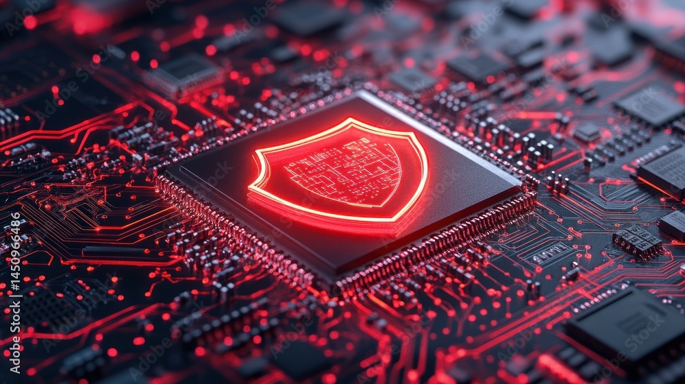 Poster cybersecurity: digital shield protecting data integrity on circuit board