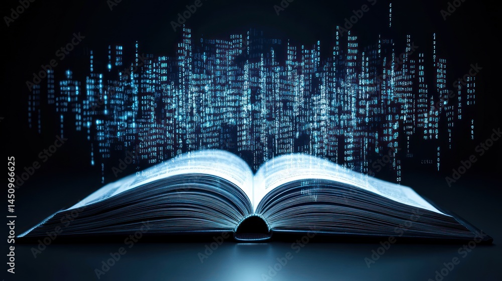 Poster digital code flowing from open book education technology concept