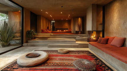 Modern living room interior design with fireplace and steps seating area home decor ideas style inspiration