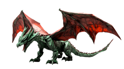 Dragon Sculpture with Green Body and Red Wings, cut out transparent
