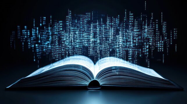 Digital code flowing from open book education technology concept - Powered by Adobe