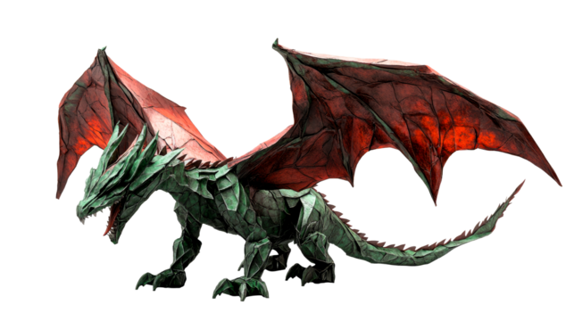 Dragon Sculpture with Green Body and Red Wings, cut out transparent