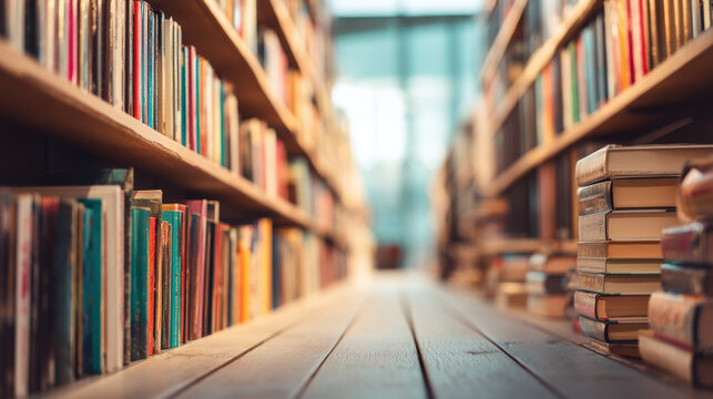 A warm toned book lined aisle invites exploration with towe stacks and filled shelves in a library setting, foste a love of learning and literature.