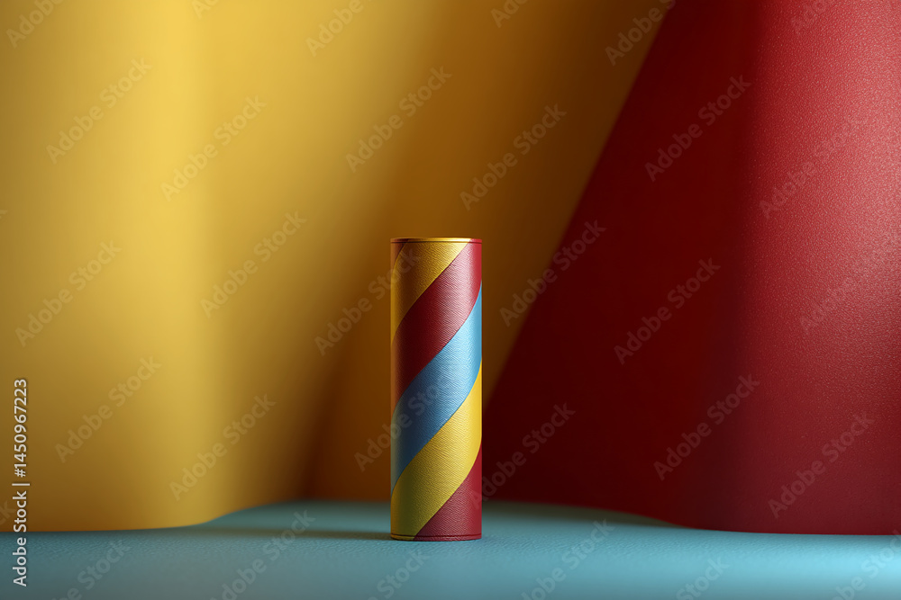 Aufkleber striped cylinder on teal surface against yellow and red backdrop, showcasing product display or mock