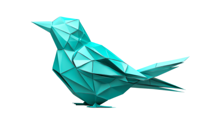 Polygonal turquoise bird figure, geometric origami style, cut out transparent