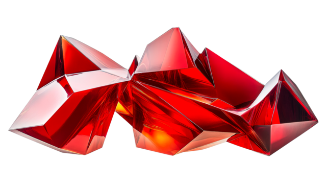 Complex arrangement of glossy, angular, red geometric shapes, cut out transparent