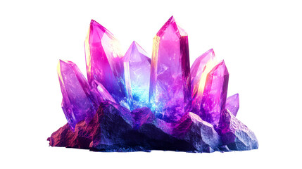 Cluster of vibrant pink crystals on rock formation, cut out transparent