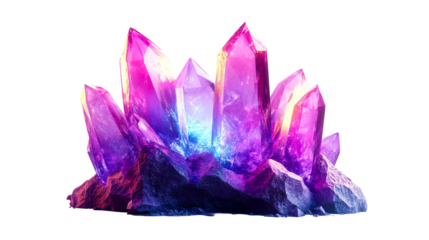 Cluster of vibrant pink crystals on rock formation, cut out transparent