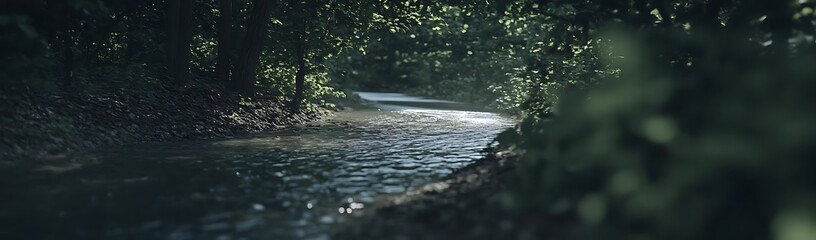 Fototapeta premium Forest stream flows, sunlit path. Nature