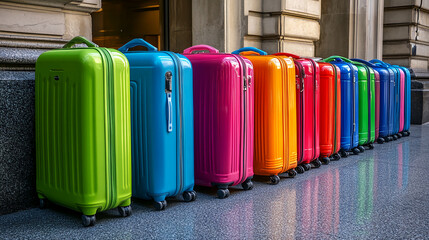 Colorful luggage travel suitcases lined up for trip vacation journey baggage tourism adventure holiday 100