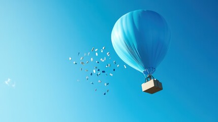Blue Hot Air Balloon Soaring Through Azure Skies, Package Delivery Concept