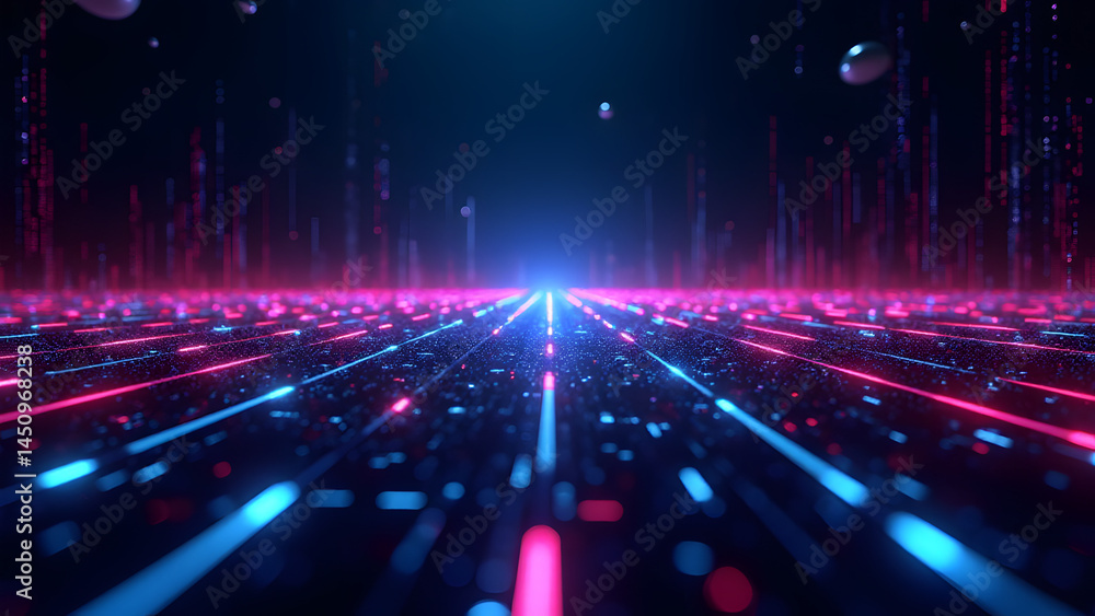 Poster neon digital grid with light beams and floating data points. ideal for cyberpunk and tech themes.