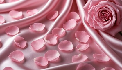 Obraz premium Light rose petals of a delicate pinkish hue decorate the silk fabric, filling the space with an atmosphere of sophistication and peace.