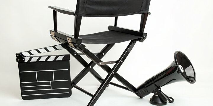 A director's chair sits next to a film clapperboard and a megaphone, arranged neatly in a studio setting during the afternoon. The tools emphasize preparation for a film project
