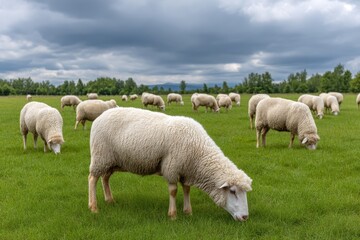 Fototapeta premium Sheep grazing in green pasture under cloudy sky