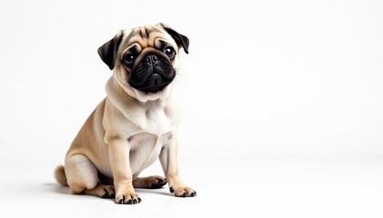 Adorable pug dog sits, isolated on white background, compact dog, image