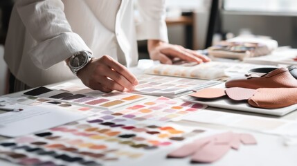 Fashion designer choosing color swatches for shoe design project