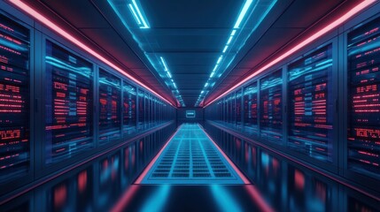 Server room with neon lights and reflective floor
