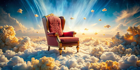 A luxurious red armchair sits atop soft clouds as golden sun rays burst through a vibrant sky at dawn. The setting exudes a surreal, whimsical charm that invites imagination