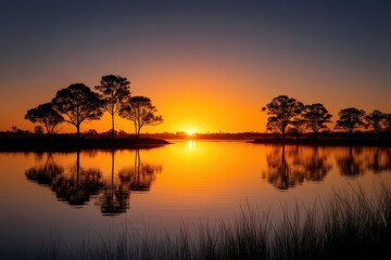 Fototapeta premium Vibrant sunset reflecting on calm lake with silhouetted trees