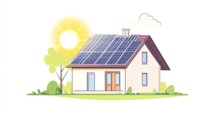 Solar panels on house, sunny day, green landscape, energy efficiency illustration