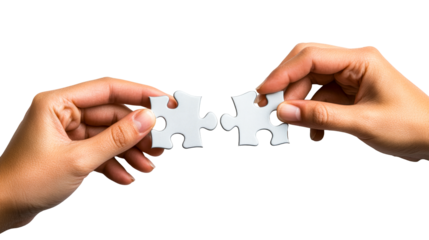Connecting jigsaw pieces using hands, problem solving, cut out transparent