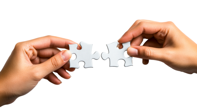 Connecting jigsaw pieces using hands, problem solving, cut out transparent