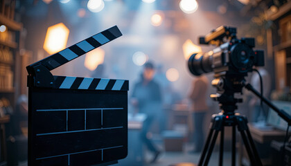 A film production crew is actively working in a dimly lit studio filled with smoke and illuminated by soft lights. A clapperboard rests in the foreground as cameras are set up