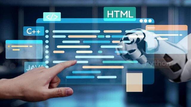 A sleek workspace scene featuring a human hand and a robotic hand interacting with a holographic display of programming languages, showcasing advanced technology and innovation. Auvana