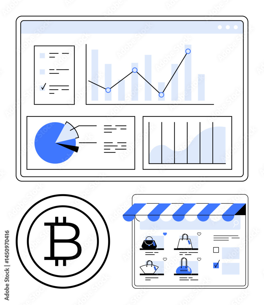 Aufkleber interactive analytics dashboard with graphs, charts, bitcoin symbol, and online store interface. ide