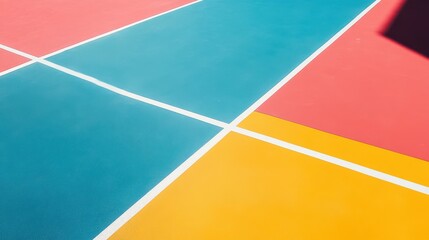 A 4K photo of example image of a newly surfaced, empty pickleball court with multi-color surface and white lines.