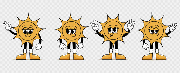 Retro sun cartoon characters. Cute symbols, mascot with faces, different poses of arms and legs. Playful cheeky happy sun in trendy retro comic style. World Sun Day. International Day of the Solstice