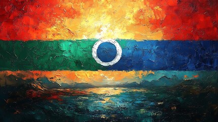 Sunset landscape with vibrant colors and circular emblem