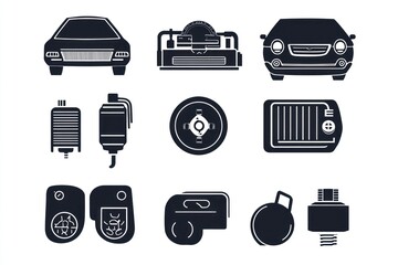Car parts icons; repair, maintenance; workshop background; website, app design