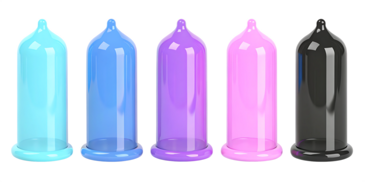 Colorful rolled up latex condom transparent PNG set bundle, isolated background. Cyan, blue, purple, pink, black color. Condoms, safe sex protection contraceptive, STD prevention, sexual health .PNG