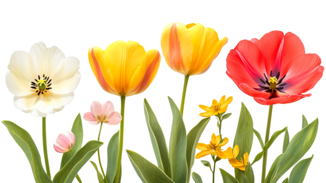 Various multicolored tulips with leaves, diverse floral arrangement, cut out transparent