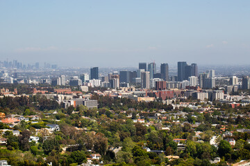 Century City, Los Angeles, California – May 1, 2025: Aerial Wide View Westfield Century City High Buildings with Beverly Hills Houses, Homes