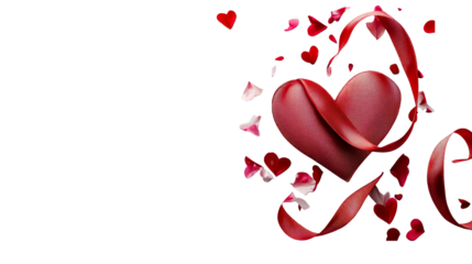 Floating red heart with ribbon and petals, love themed, cut out transparent
