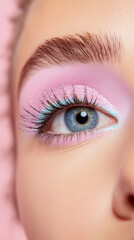 Close up eye makeup with pastel pink and glitter accents for glamorous look
