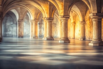 Ancient, golden arches, stone columns, vaulted hallway,  marble floor,  sunlit interior,  grand hall