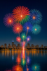 Obraz premium Colorful Fireworks Over American City Skyline Reflecting on Water